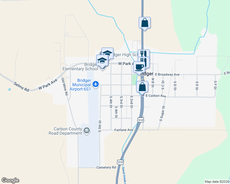 map of restaurants, bars, coffee shops, grocery stores, and more near 219 South 4th Street in Bridger