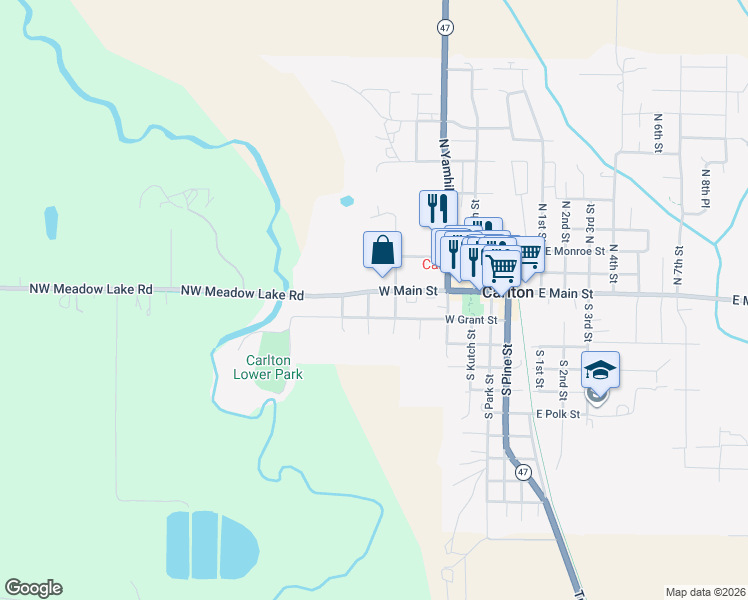 map of restaurants, bars, coffee shops, grocery stores, and more near 648 East Main Street in Carlton