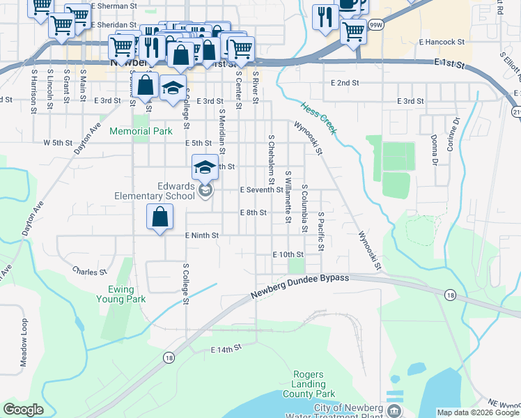 map of restaurants, bars, coffee shops, grocery stores, and more near 720 South River Street in Newberg