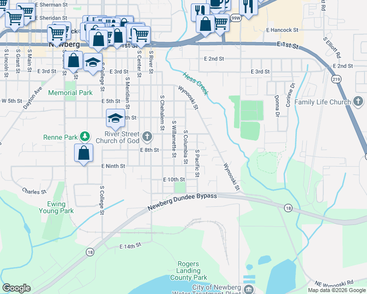 map of restaurants, bars, coffee shops, grocery stores, and more near 713 South Columbia Street in Newberg