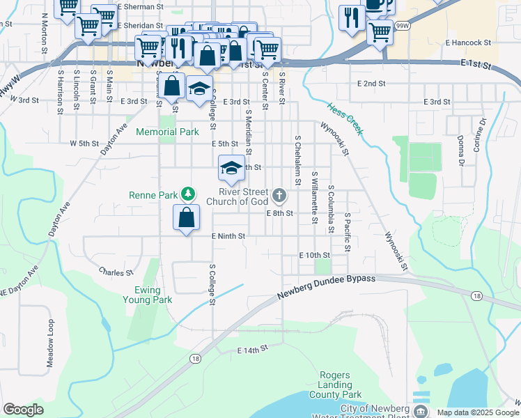 map of restaurants, bars, coffee shops, grocery stores, and more near 721 South Center Street in Newberg
