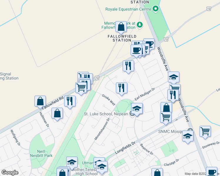map of restaurants, bars, coffee shops, grocery stores, and more near 35 Montana Way in Ottawa