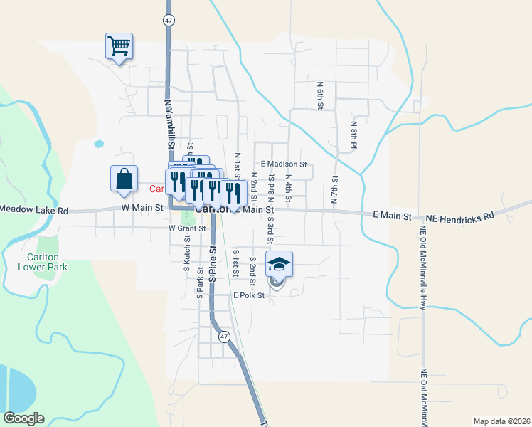 map of restaurants, bars, coffee shops, grocery stores, and more near 334 E Main St in Carlton