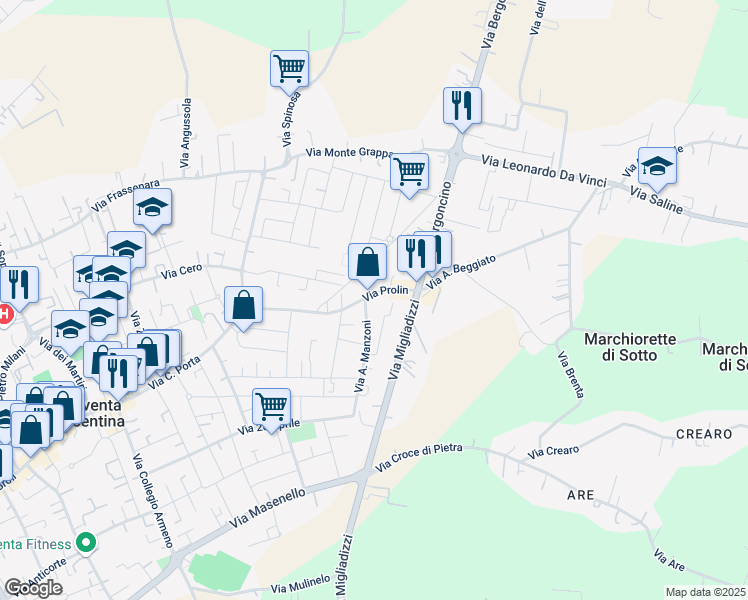 map of restaurants, bars, coffee shops, grocery stores, and more near 60 Via Prolin in Noventa Vicentina