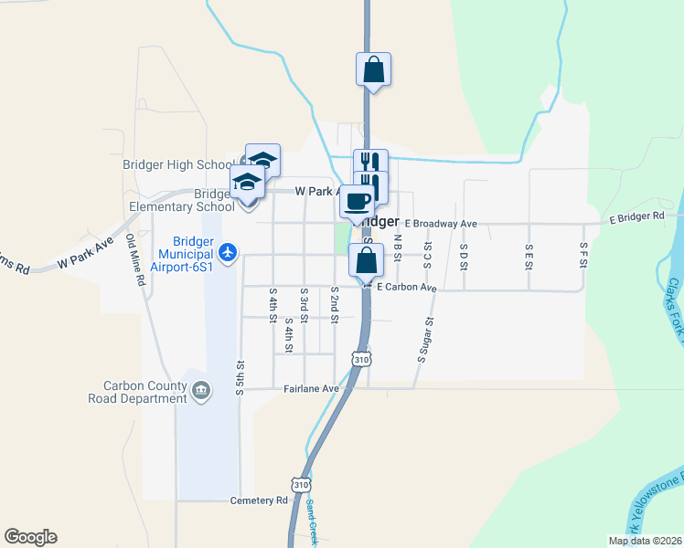map of restaurants, bars, coffee shops, grocery stores, and more near 213 South 2nd Street in Bridger