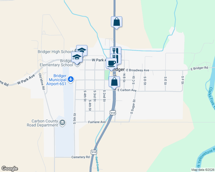 map of restaurants, bars, coffee shops, grocery stores, and more near 213 South 2nd Street in Bridger