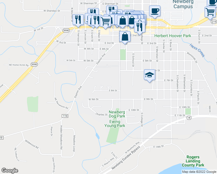 map of restaurants, bars, coffee shops, grocery stores, and more near 102 East 7th Street in Newberg