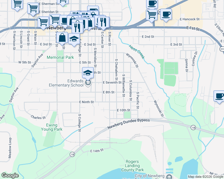 map of restaurants, bars, coffee shops, grocery stores, and more near 720 South River Street in Newberg