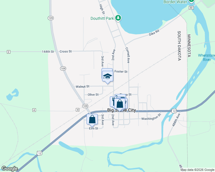 map of restaurants, bars, coffee shops, grocery stores, and more near 655 Walnut Street in Big Stone City