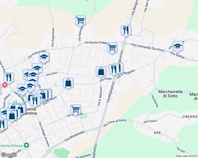 map of restaurants, bars, coffee shops, grocery stores, and more near 60 Via Prolin in Noventa Vicentina