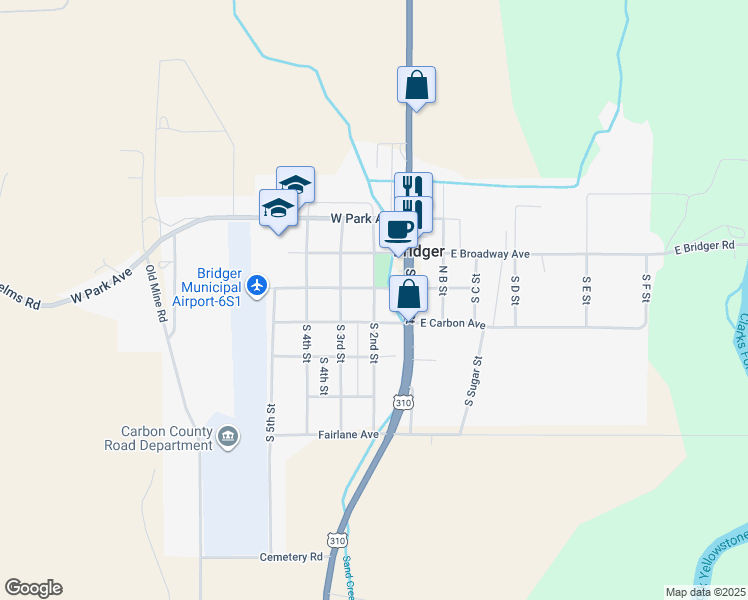 map of restaurants, bars, coffee shops, grocery stores, and more near 210 South 2nd Street in Bridger