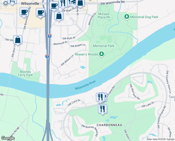 map of restaurants, bars, coffee shops, grocery stores, and more near 8360 Southwest Metolius Loop in Wilsonville