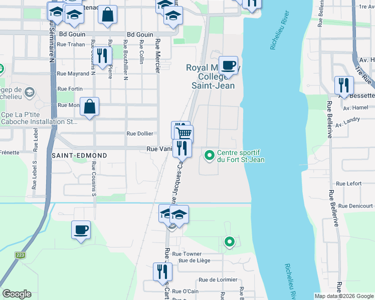 map of restaurants, bars, coffee shops, grocery stores, and more near Boulevard Jacques Cartier Sud in Saint-Jean-sur-Richelieu