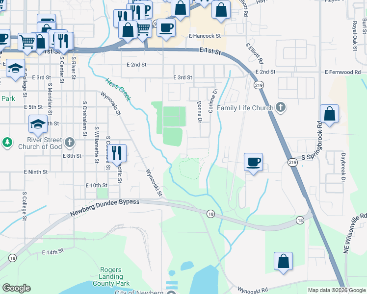 map of restaurants, bars, coffee shops, grocery stores, and more near 2013 Kennedy Drive in Newberg