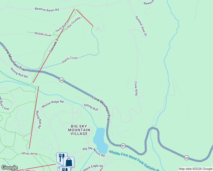 map of restaurants, bars, coffee shops, grocery stores, and more near 122 Cheyenne in Big Sky