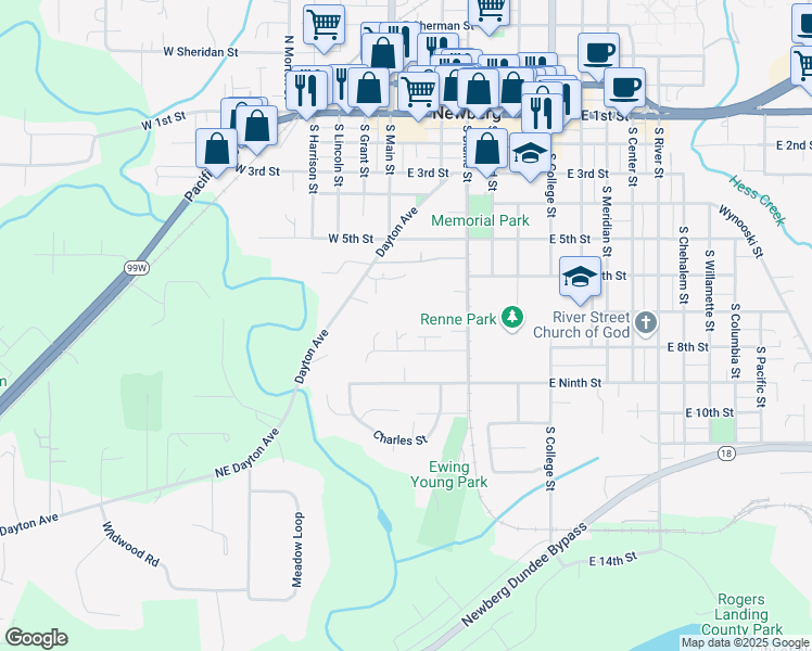 map of restaurants, bars, coffee shops, grocery stores, and more near 100 East 7th Street in Newberg