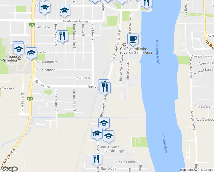 map of restaurants, bars, coffee shops, grocery stores, and more near 38 Rue Jacques-Cartier Sud in Saint-Jean-sur-Richelieu