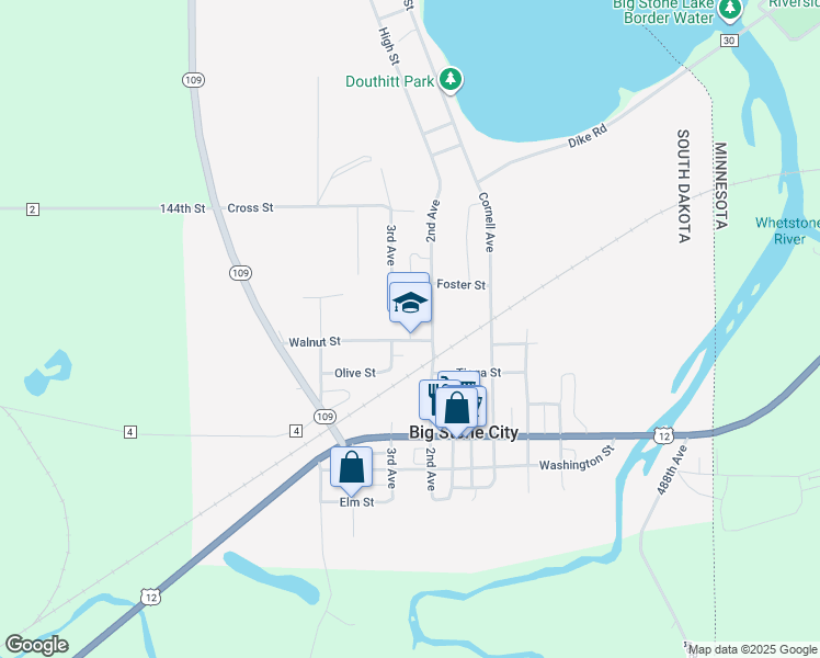 map of restaurants, bars, coffee shops, grocery stores, and more near 655 Walnut Street in Big Stone City