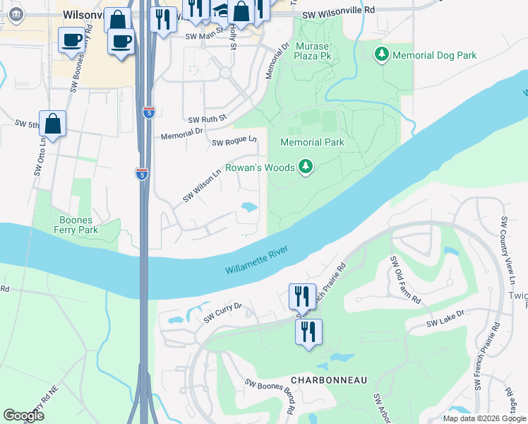 map of restaurants, bars, coffee shops, grocery stores, and more near 8360 Southwest Metolius Loop in Wilsonville