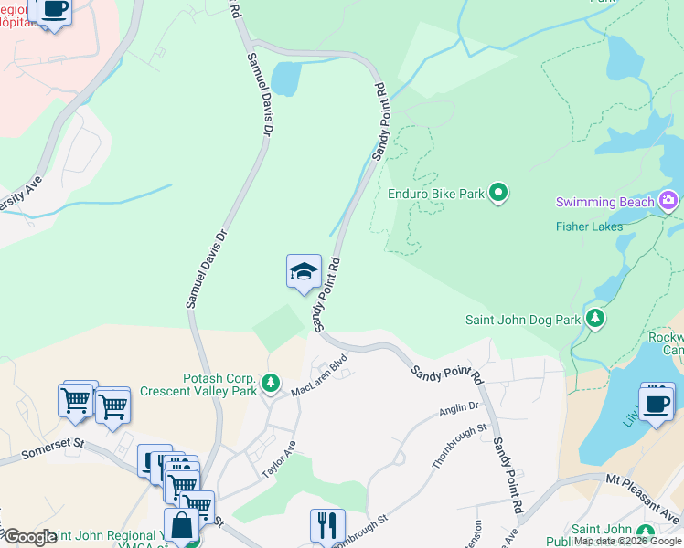 map of restaurants, bars, coffee shops, grocery stores, and more near 545 Sandy Point Road in Saint John