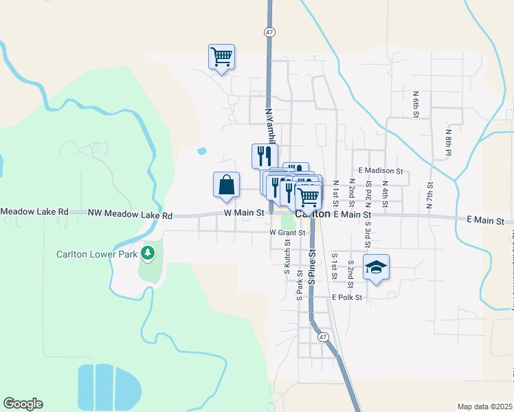 map of restaurants, bars, coffee shops, grocery stores, and more near 455 West Main Street in Carlton