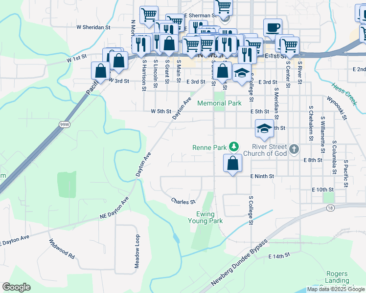 map of restaurants, bars, coffee shops, grocery stores, and more near 101 8th Street in Newberg