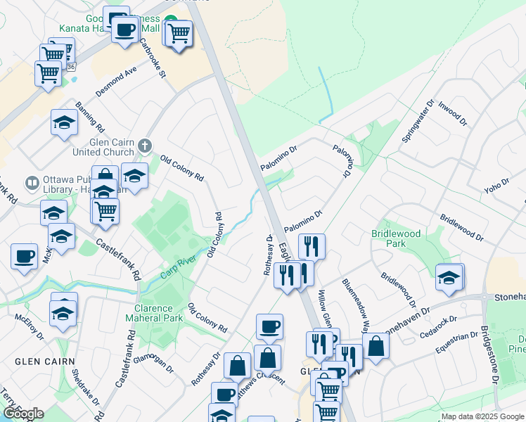 map of restaurants, bars, coffee shops, grocery stores, and more near 380 Eagleson Road in Ottawa