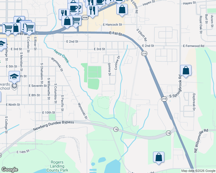 map of restaurants, bars, coffee shops, grocery stores, and more near 2216 East Kennedy Drive in Newberg