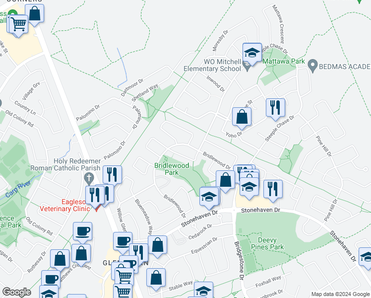 map of restaurants, bars, coffee shops, grocery stores, and more near 131 Bridlewood Drive in Ottawa