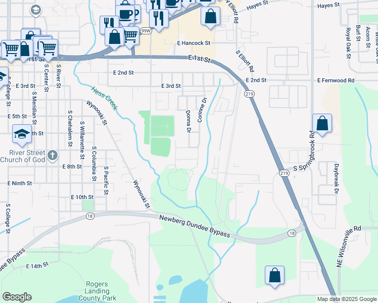 map of restaurants, bars, coffee shops, grocery stores, and more near 2228 East Kennedy Drive in Newberg
