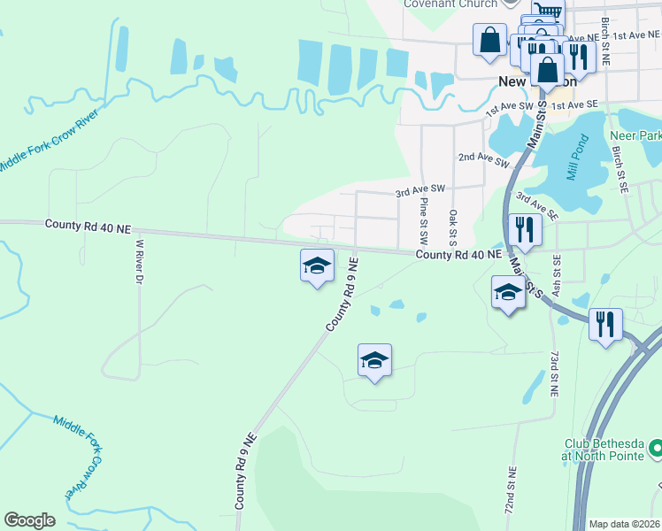 map of restaurants, bars, coffee shops, grocery stores, and more near 518 4th Avenue Southwest in New London