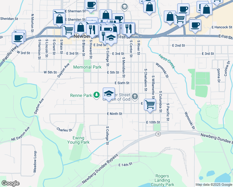 map of restaurants, bars, coffee shops, grocery stores, and more near 715 East 8th Street in Newberg