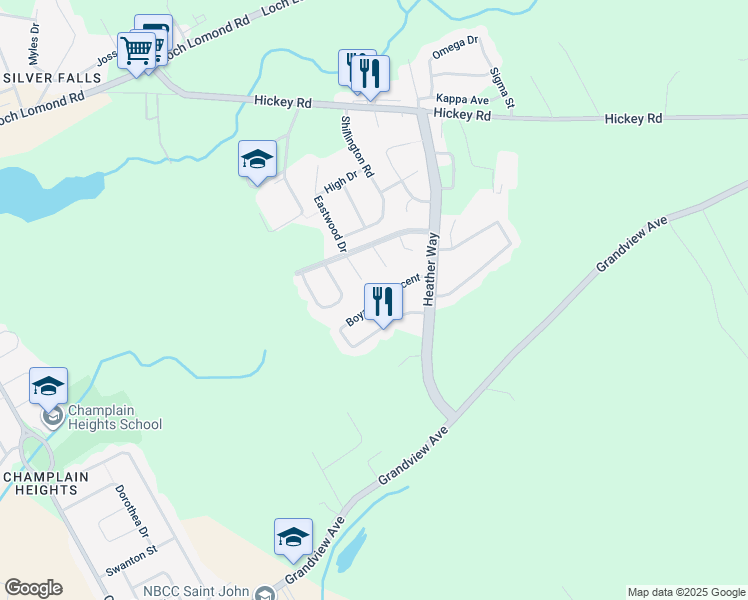 map of restaurants, bars, coffee shops, grocery stores, and more near 88 Boyaner Crescent in Saint John