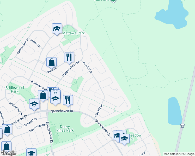 map of restaurants, bars, coffee shops, grocery stores, and more near 203 Pine Hill Drive in Ottawa