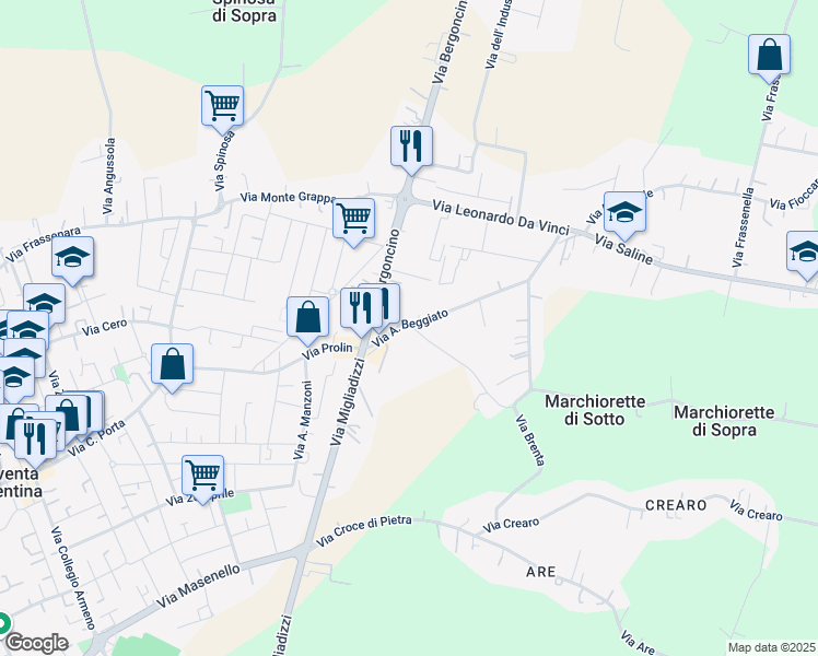 map of restaurants, bars, coffee shops, grocery stores, and more near 23 Via A. Beggiato in Noventa Vicentina