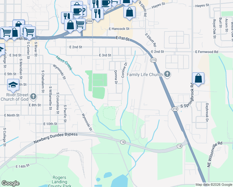 map of restaurants, bars, coffee shops, grocery stores, and more near 2228 East Kennedy Drive in Newberg