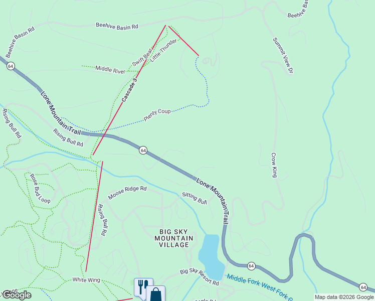 map of restaurants, bars, coffee shops, grocery stores, and more near Washaki in Big Sky