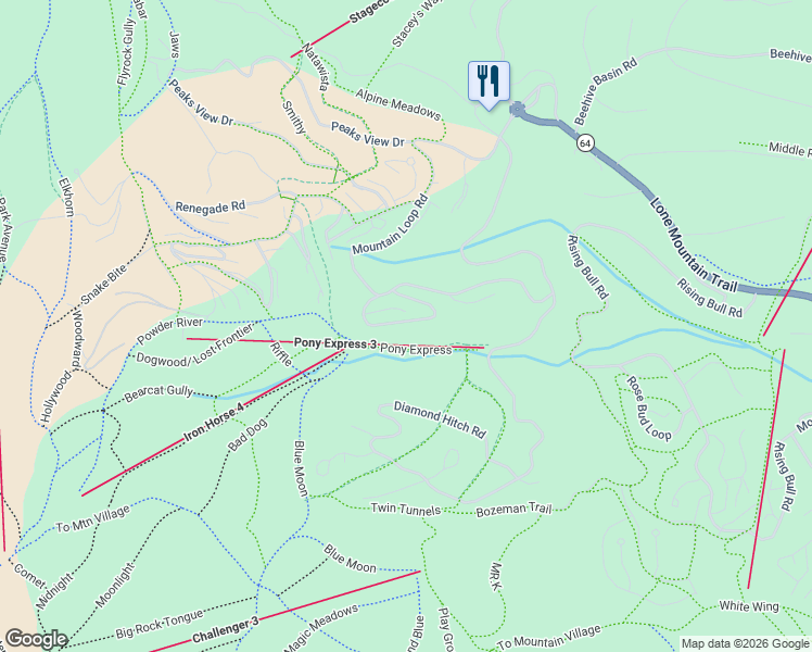 map of restaurants, bars, coffee shops, grocery stores, and more near 19 Saddle Ridge Road in Big Sky