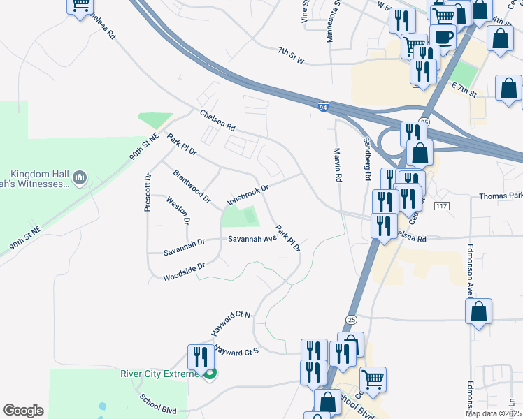 map of restaurants, bars, coffee shops, grocery stores, and more near 9996 Park Place Drive in Monticello