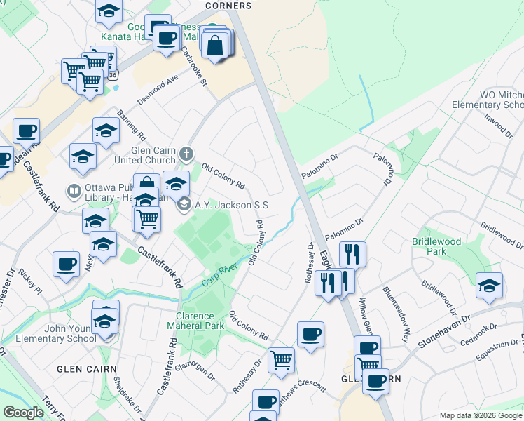 map of restaurants, bars, coffee shops, grocery stores, and more near 147 Country Lane West in Ottawa