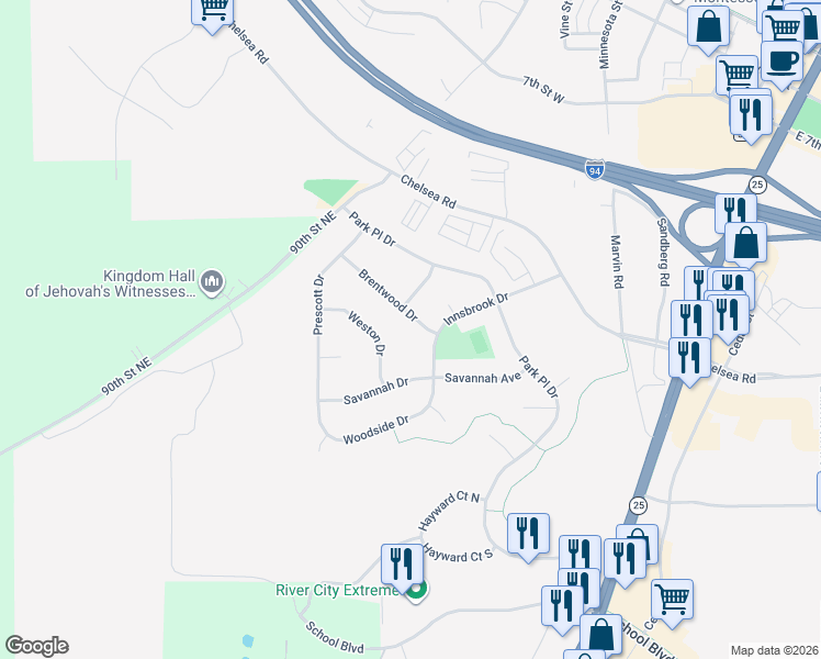 map of restaurants, bars, coffee shops, grocery stores, and more near 3690 Brentwood Drive in Monticello
