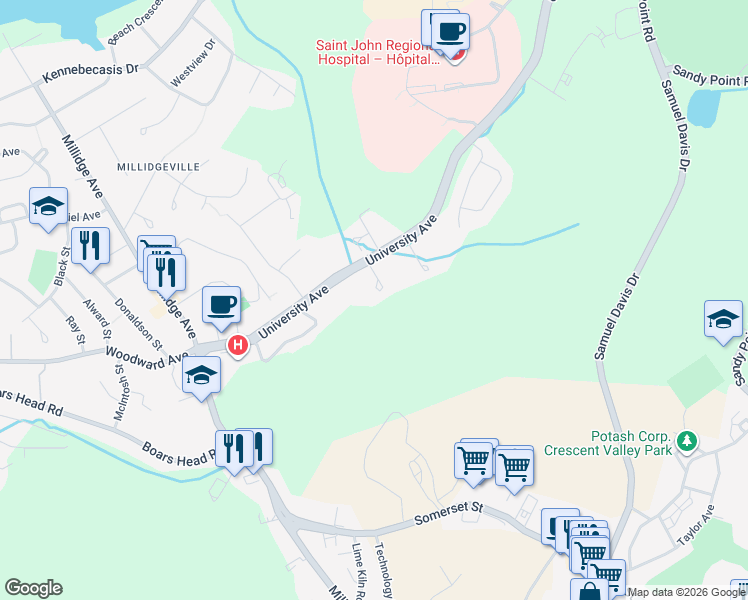 map of restaurants, bars, coffee shops, grocery stores, and more near 28 Polaris Court in Saint John