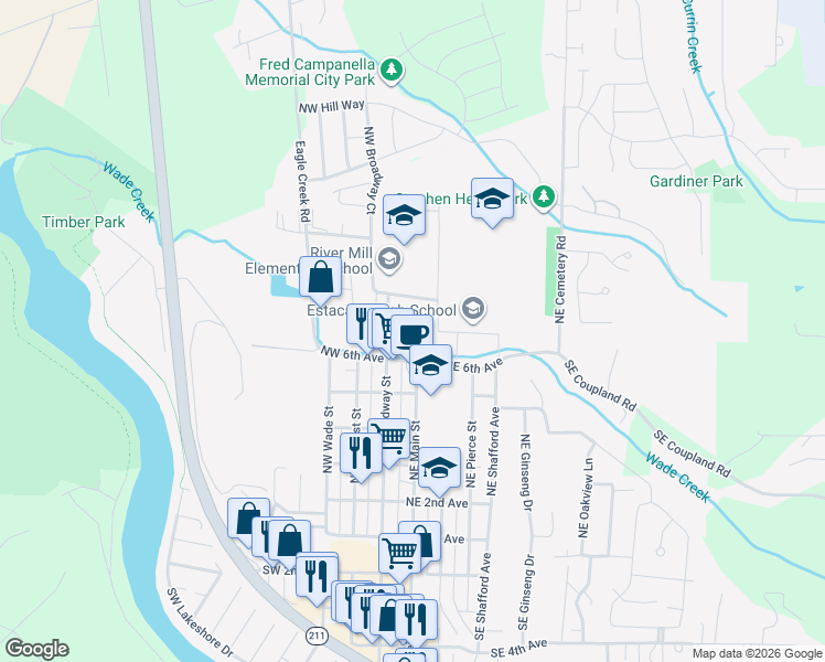 map of restaurants, bars, coffee shops, grocery stores, and more near 704 North Broadway Street in Estacada