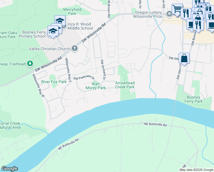 map of restaurants, bars, coffee shops, grocery stores, and more near 10641 SouthWest Edgewood Court in Wilsonville