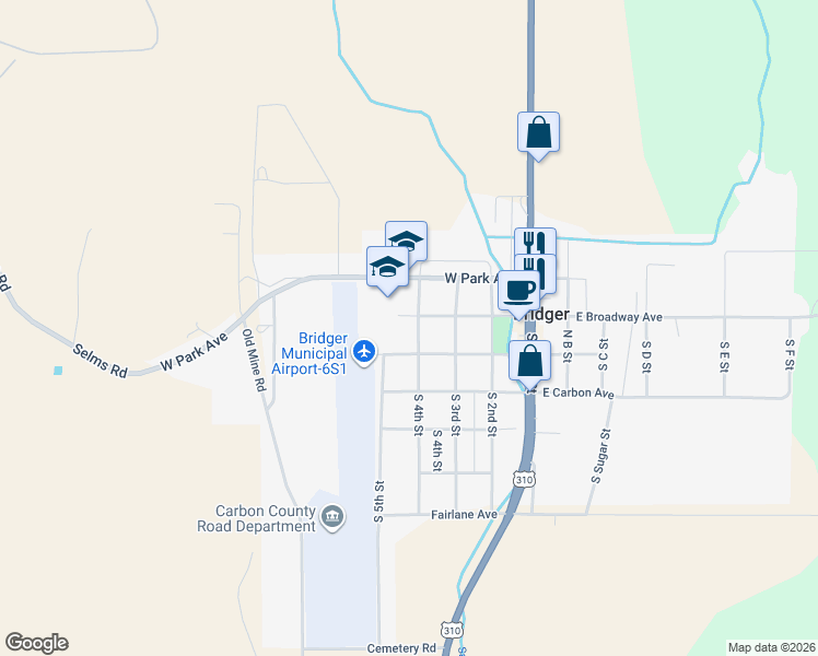 map of restaurants, bars, coffee shops, grocery stores, and more near 498 East Broadway Avenue in Bridger