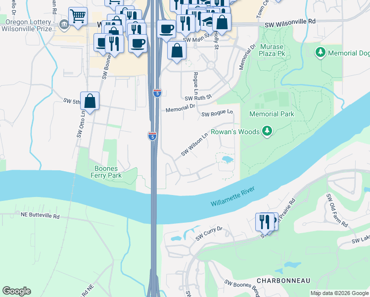 map of restaurants, bars, coffee shops, grocery stores, and more near 8685 Southwest Wilson Lane in Wilsonville