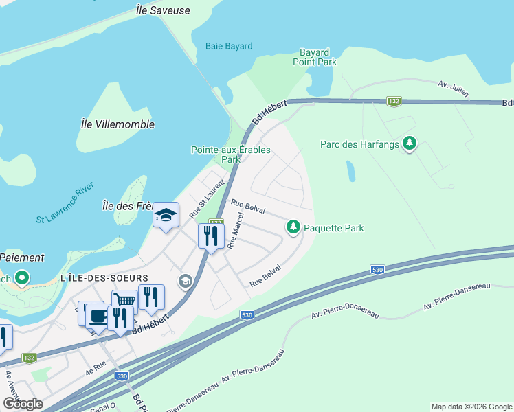 map of restaurants, bars, coffee shops, grocery stores, and more near 10 Rue Belval in Salaberry-de-Valleyfield