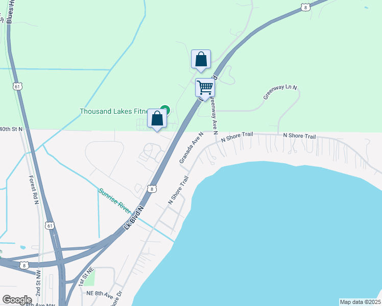 map of restaurants, bars, coffee shops, grocery stores, and more near 23899 Granada Avenue North in Forest Lake
