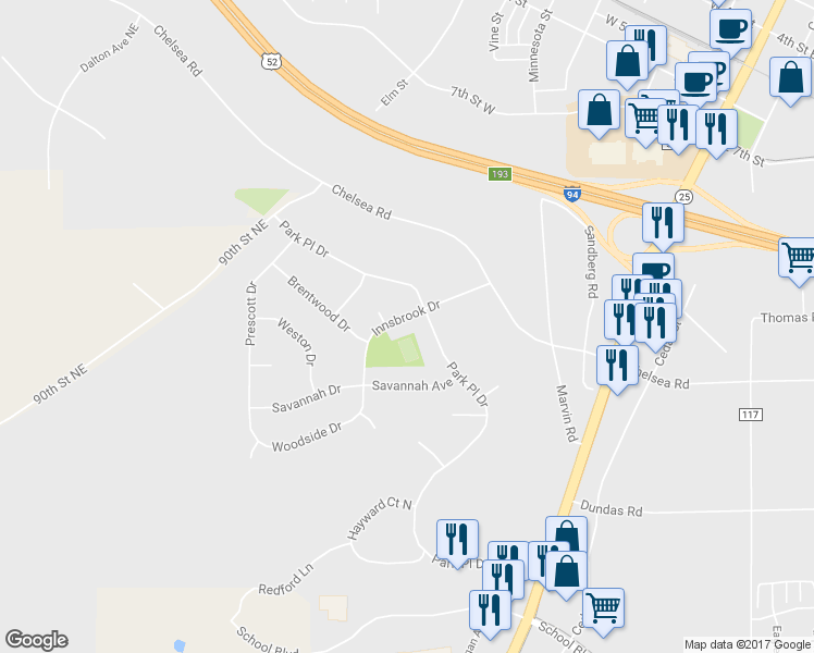 map of restaurants, bars, coffee shops, grocery stores, and more near 10000 Innsbrook Drive in Monticello