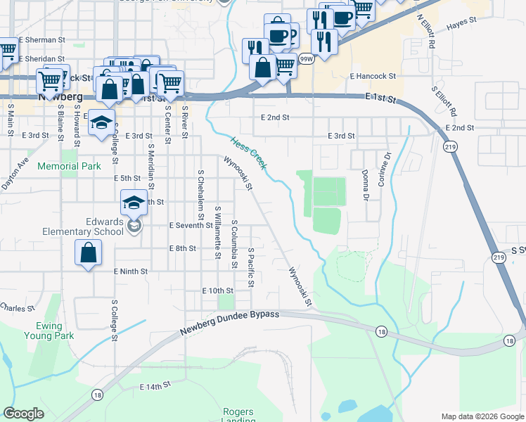 map of restaurants, bars, coffee shops, grocery stores, and more near 1615 Lilly Court in Newberg